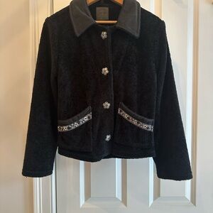 Black Women's Blazer with Floral Accents and Metal Buttons